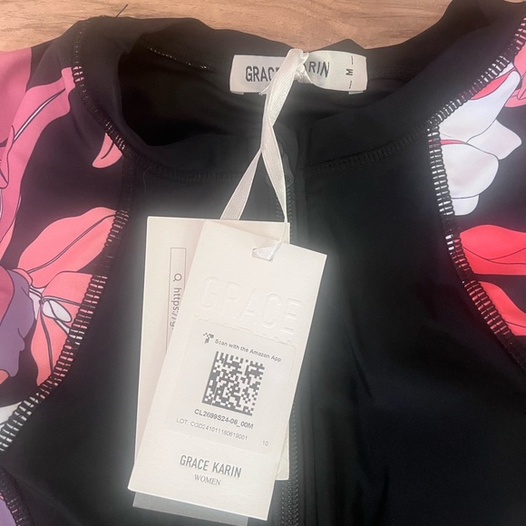 Grace Karin One Piece Swimwear Size M Rashguard Pink Zip Front Bathing Suit NEW - Picture 4 of 4